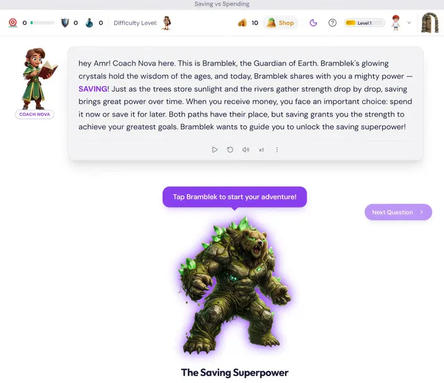 A real Elysian Minds lesson: a world character guides the student through an interactive story